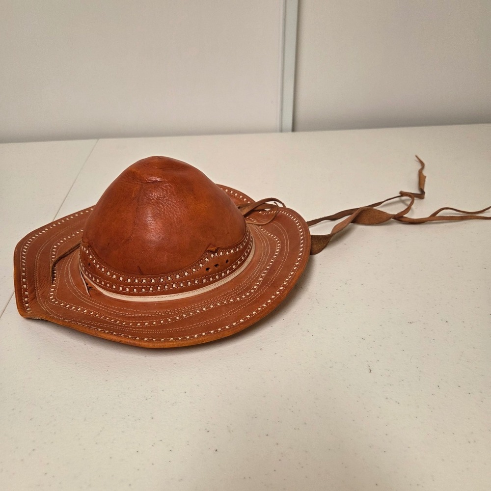 Handcrafted Leather Cangaceiro Hat Brown Wide Brim Brazilian Folk Art Hat